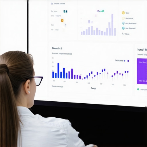 Monitoring Local SEO Dashboard Person analyzing Google My Business dashboard with charts and notifications for local SEO management.