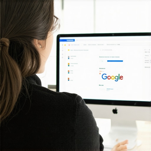 Marketing specialist reviewing Google My Business analytics on a monitor.