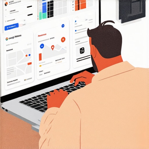 Business owner troubleshooting GMB listing on laptop with maps and analytics.
