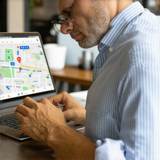 Business owner troubleshooting Google Maps ranking drop on laptop