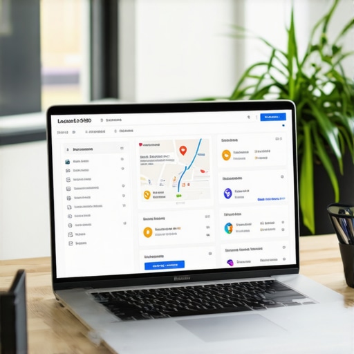 A workspace with a laptop displaying local SEO analytics and monitoring tools for Google Maps rankings