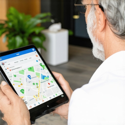 Business owner analyzing Google Maps ranking on tablet.