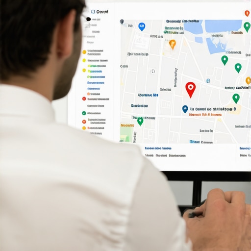 Business owner reviewing Google Maps rankings on laptop with charts and data