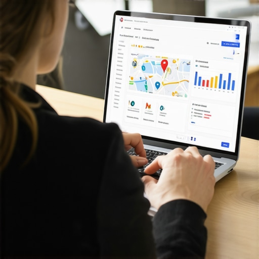 Business owner reviewing Google Maps ranking charts on a laptop