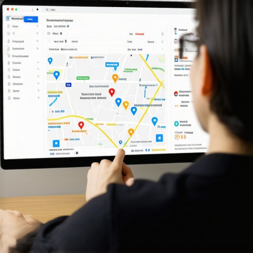 Person analyzing Google Maps ranking data on a computer screen with charts and icons.