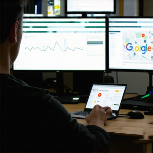 Person analyzing SEO data and tools for Google Maps ranking maintenance.
