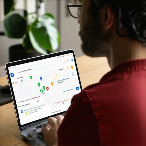 Google Maps Troubleshooting and Recovery Business owner resolving Google Maps ranking issues on a laptop.