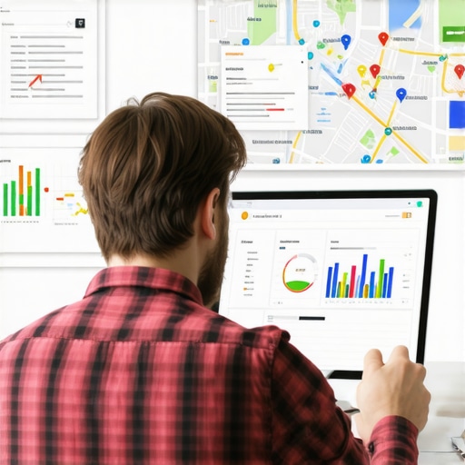 Person analyzing Google My Business profiles with charts and SEO tools