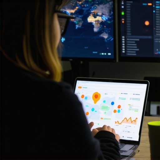 Optimizing Local SEO with Data Tools Digital marketer reviewing SEO analytics on a laptop in a bright office