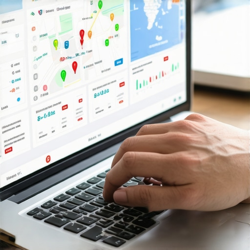 A technician analyzing digital maps and analytics dashboards on a laptop, emphasizing tools used for maintaining Google Maps rankings.