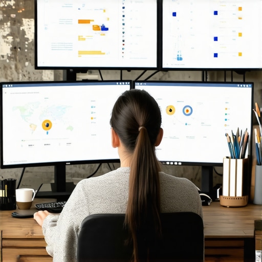 A professional analyzing local SEO data on multiple monitors.