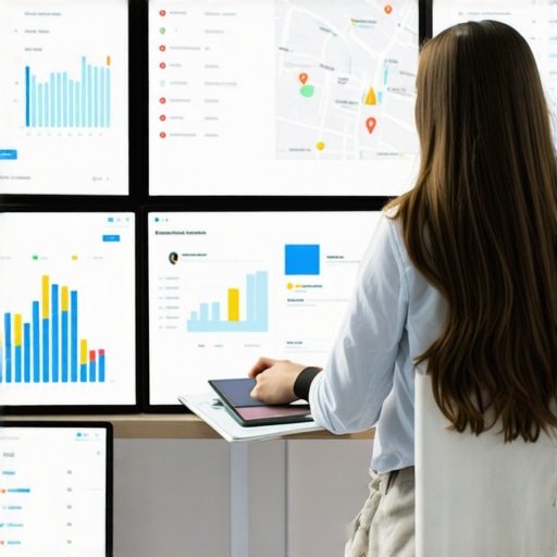 Person reviewing local search analytics and maps on computer screens.