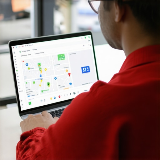 Business owner reviewing Google Maps ranking and analytics on a laptop in an office environment