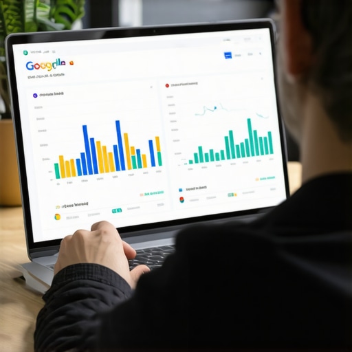 Business owner analyzing GMB data on laptop with graphs and reports.