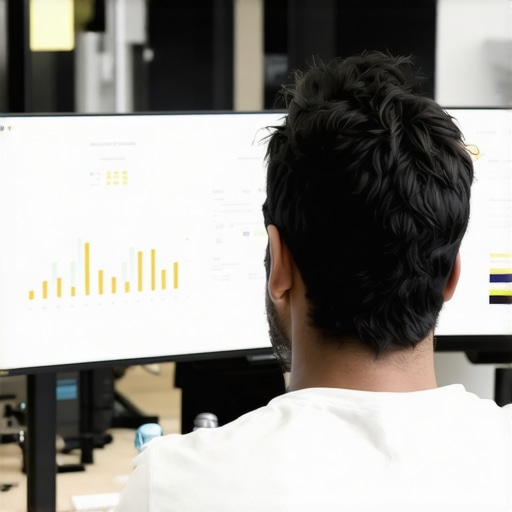 Marketing professional analyzing SEO graphs and data on computer screens