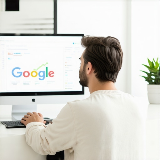 Person analyzing Google My Business analytics on a desktop monitor.