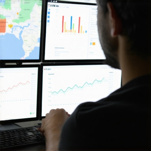 Data Analysis for Local SEO Stability Person reviewing SEO and map ranking data on computer screens.